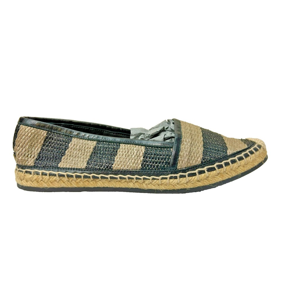 New Burberry Espradrille Flat Shoe Black Tan Stripe Slip-on Rubber Sole SZ 38.5 - Picture 3 of 10